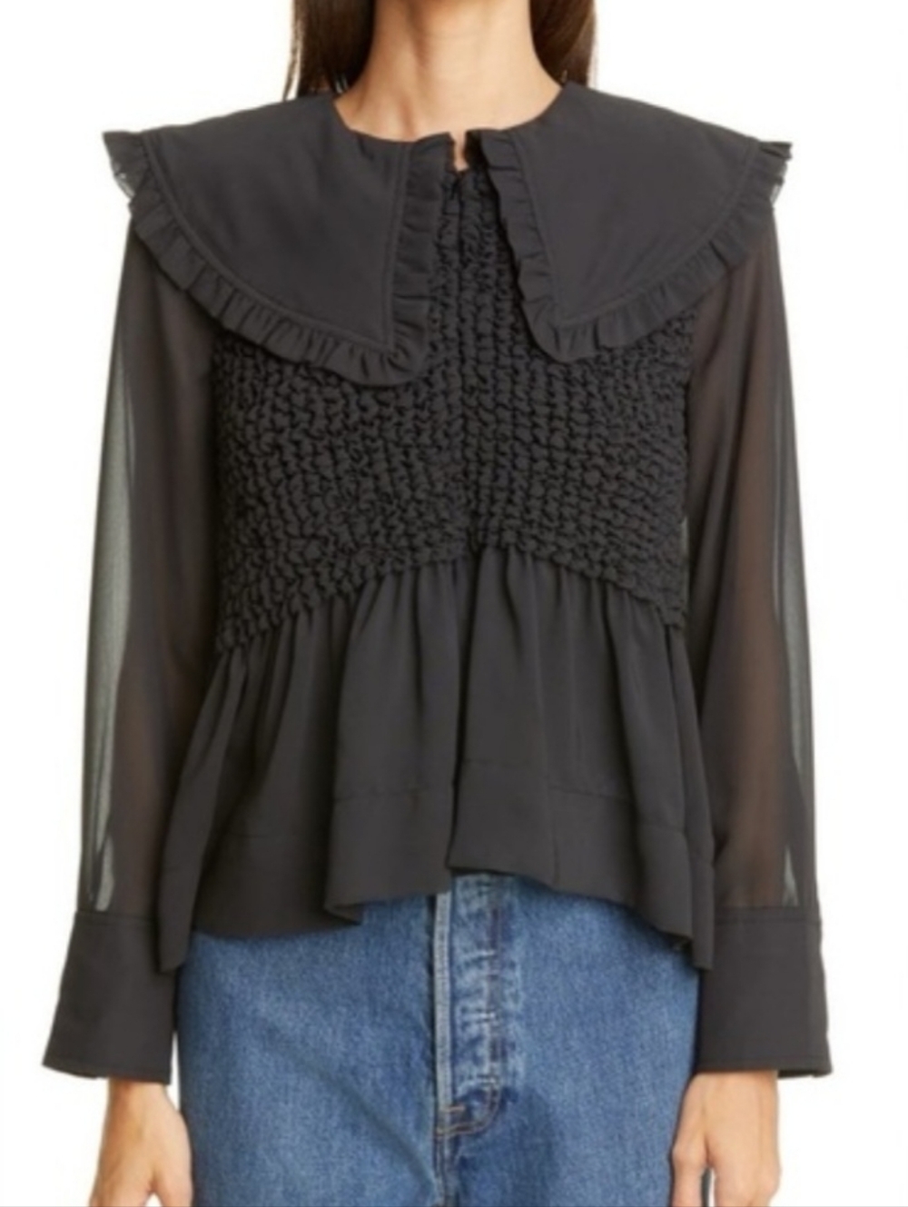 Ganni | Ruffled Collar Smocked Chiffon Blouse